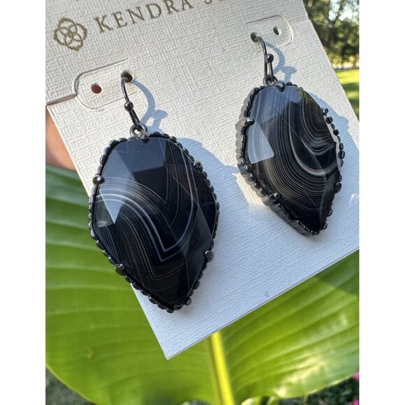 Kendra Scott Corley Earrings Black Banded Agate Gunmetal Dangle Drop - Picture 2 of 4
